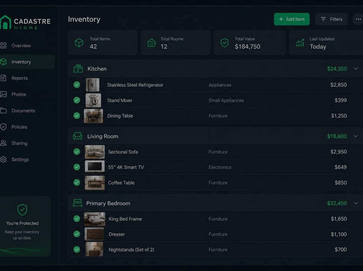Demo vault inventory — room-by-room item list
