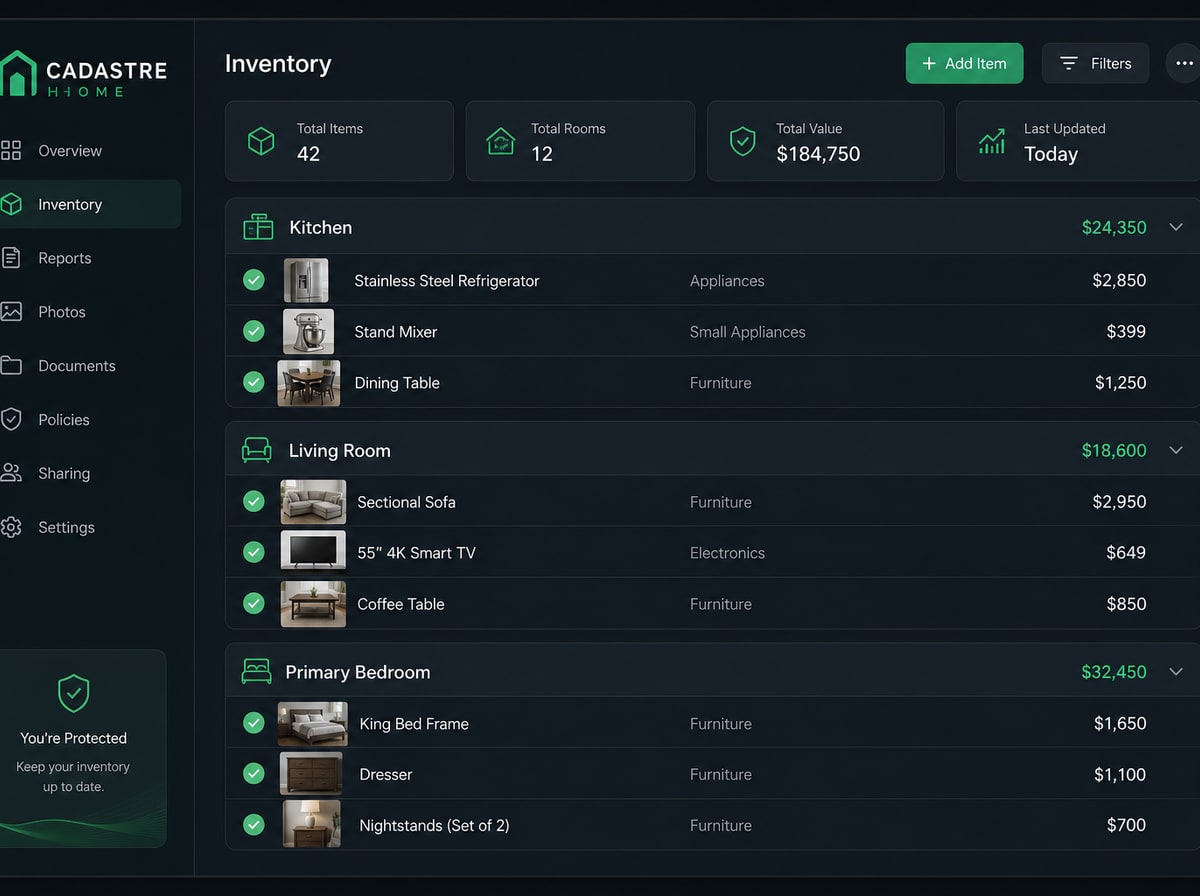 Demo vault inventory — room-by-room item list